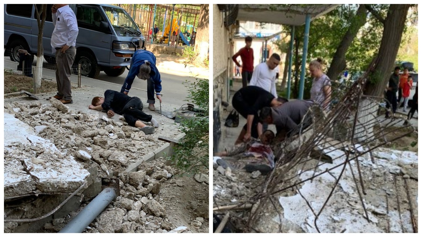 Бетонный козырек подъезда дома рухнул на людей в Актау